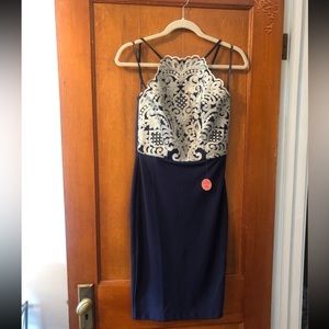 NWT Midi Pencil Dress w/gold embroidery in navy. Size 4